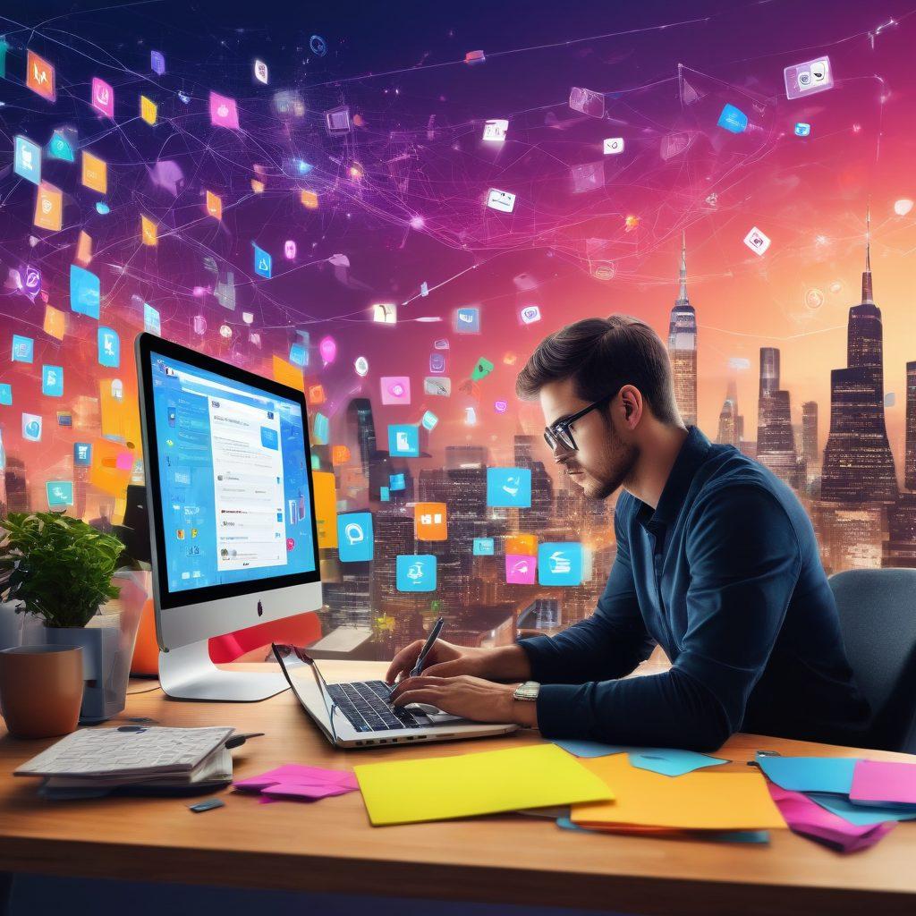 A dynamic digital workspace featuring a person brainstorming and organizing web articles, surrounded by floating icons of social media, blogs, and cloud storage. Include vibrant colors, sticky notes scattered around, and a laptop screen displaying a content management dashboard. The background should hint at an abstract cityscape of the digital world, representing connectivity and creativity. super-realistic. vibrant colors.