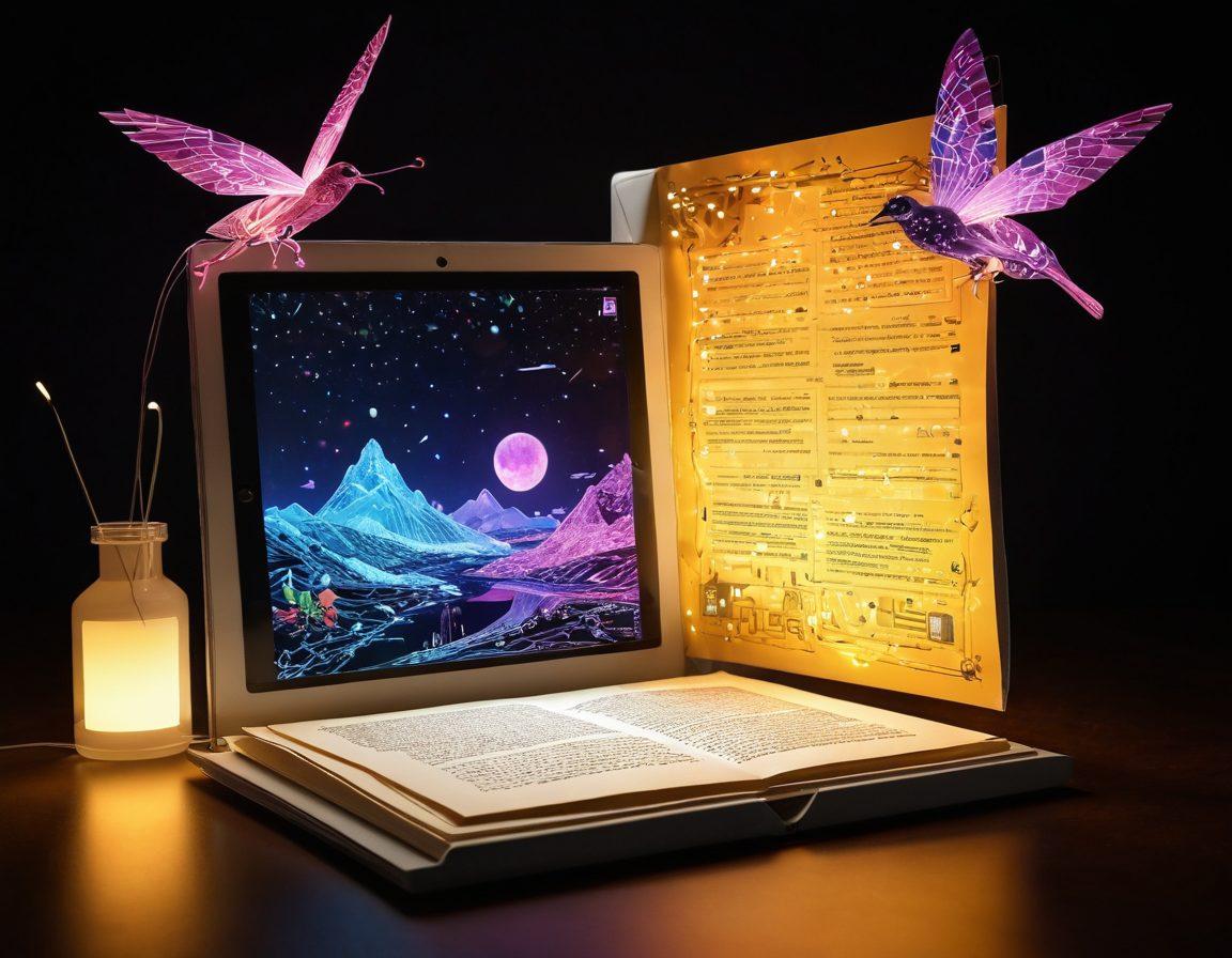 A digital diary transforming into an interactive online platform, with pages flying out and morphing into pixels and vibrant graphics. The scene captures a warm, inviting atmosphere with soft light illuminating the diary, while tech-inspired elements like circuits and screens blend with the organic feel of paper. Emphasize a harmonious fusion of traditional and digital storytelling. vibrant colors. super-realistic. digital art.